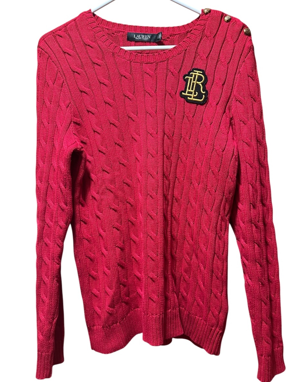 Lauren Ralph Lauren Red Cable-Knit Sweater with Gold Buttons
